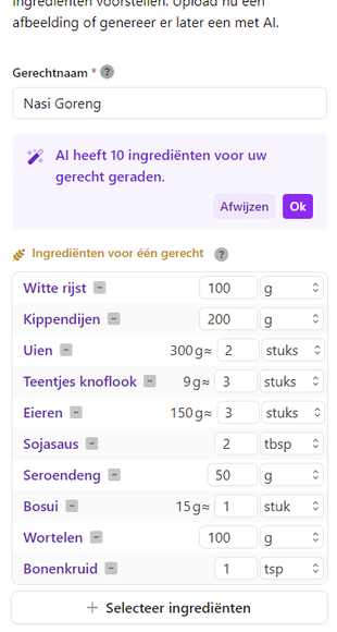 Lijst ingrediënten met AI